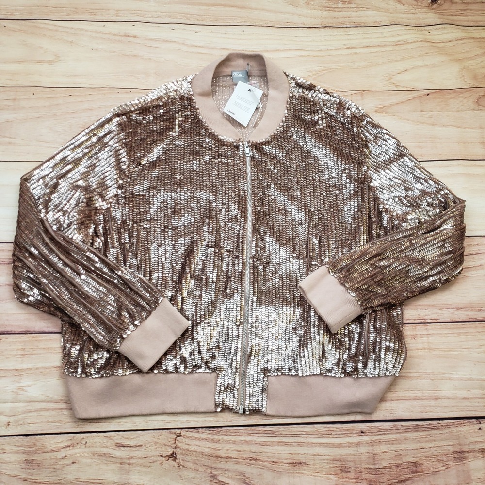 NEW Asos Jacket Womens 20 Rose Gold‎ Pink Sequin Zip Up Coat Casual Ladies